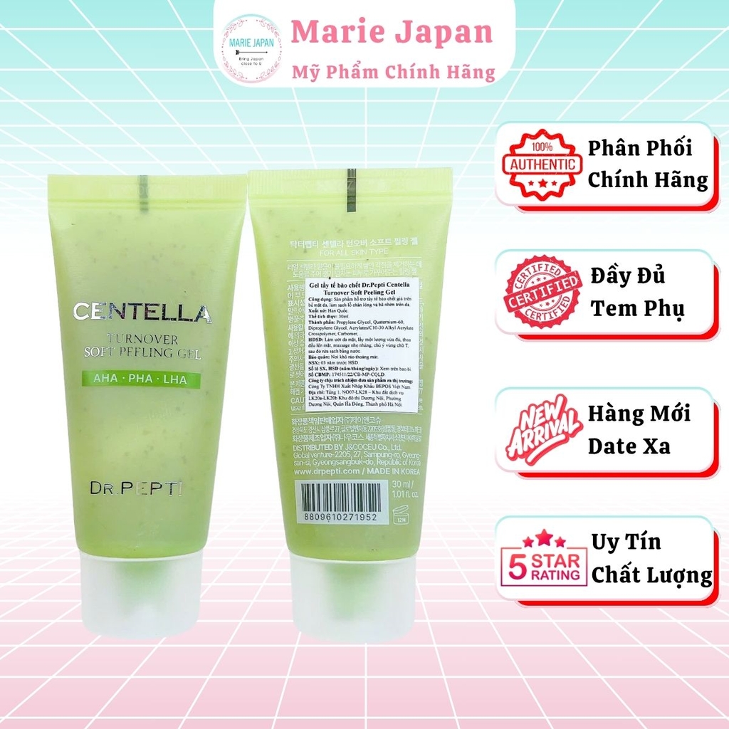 Tẩy Tế Bào Chết Mặt Dr.Pepti Centella Turnover Soft Peeling Gel Dịu Nhẹ Sạch Sâu Dưỡng Ẩm Sáng Da Hàn Quốc Tuýp 30ml