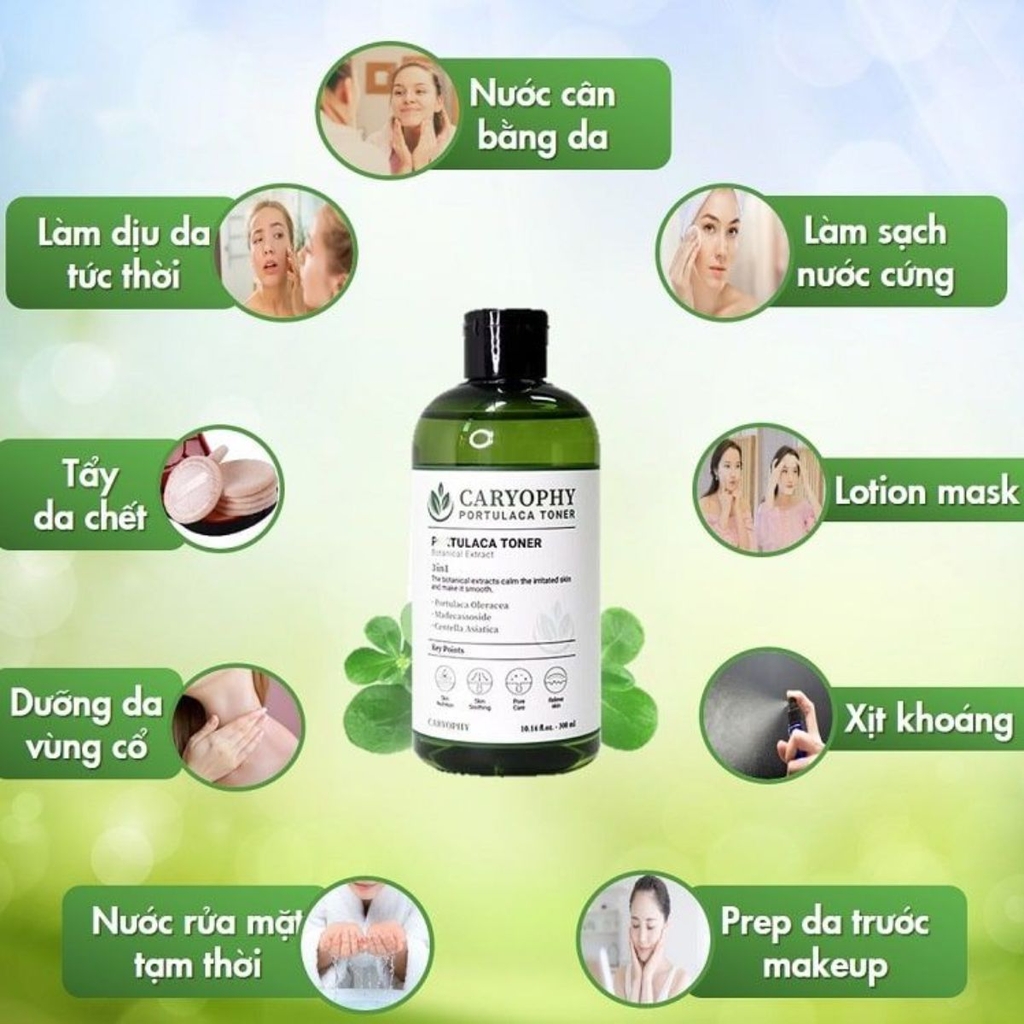 Toner Caryophy 3in1 Portulaca Cấp Ẩm Giảm Mụn Không Cồn Dịu Nhẹ Hàn Quốc 300ml