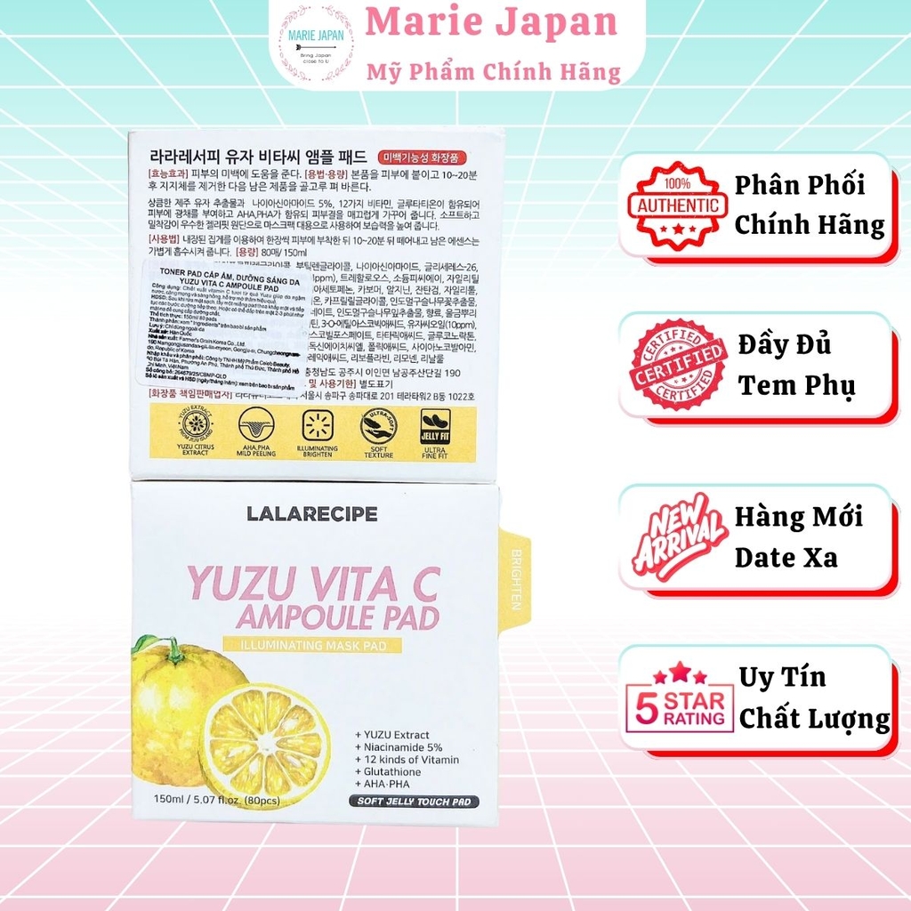 Toner Pad Lalarecipe Yuzu Vita C Ampoule Dưỡng Sáng Da Cấp Ẩm Mờ Thâm Hàn Quốc Hộp 80 Miếng