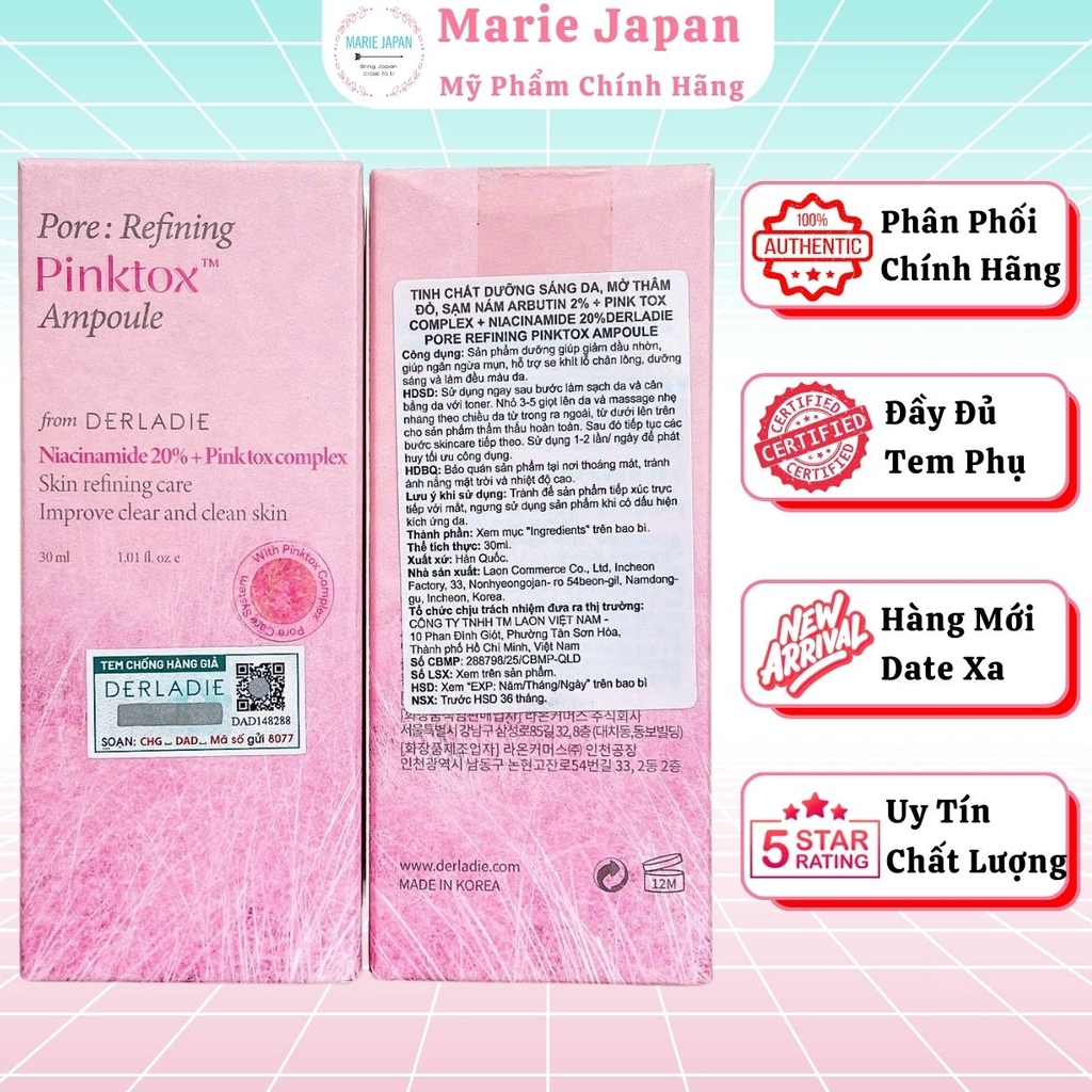 Serum Derladie Giảm Mụn Mờ Thâm Sáng Da Se Lỗ Chân Lông Pore Refining Pinktox Ampoule Hàn Quốc Chai 30ml