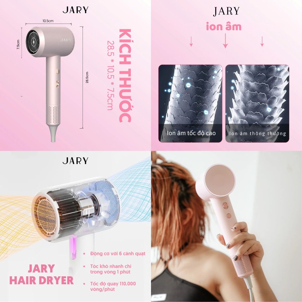 Máy Sấy Tóc Ion Âm Jary Sấy Nhanh Mượt Tóc Chăm Sóc Toàn Diện Hair Dryer Hồng 