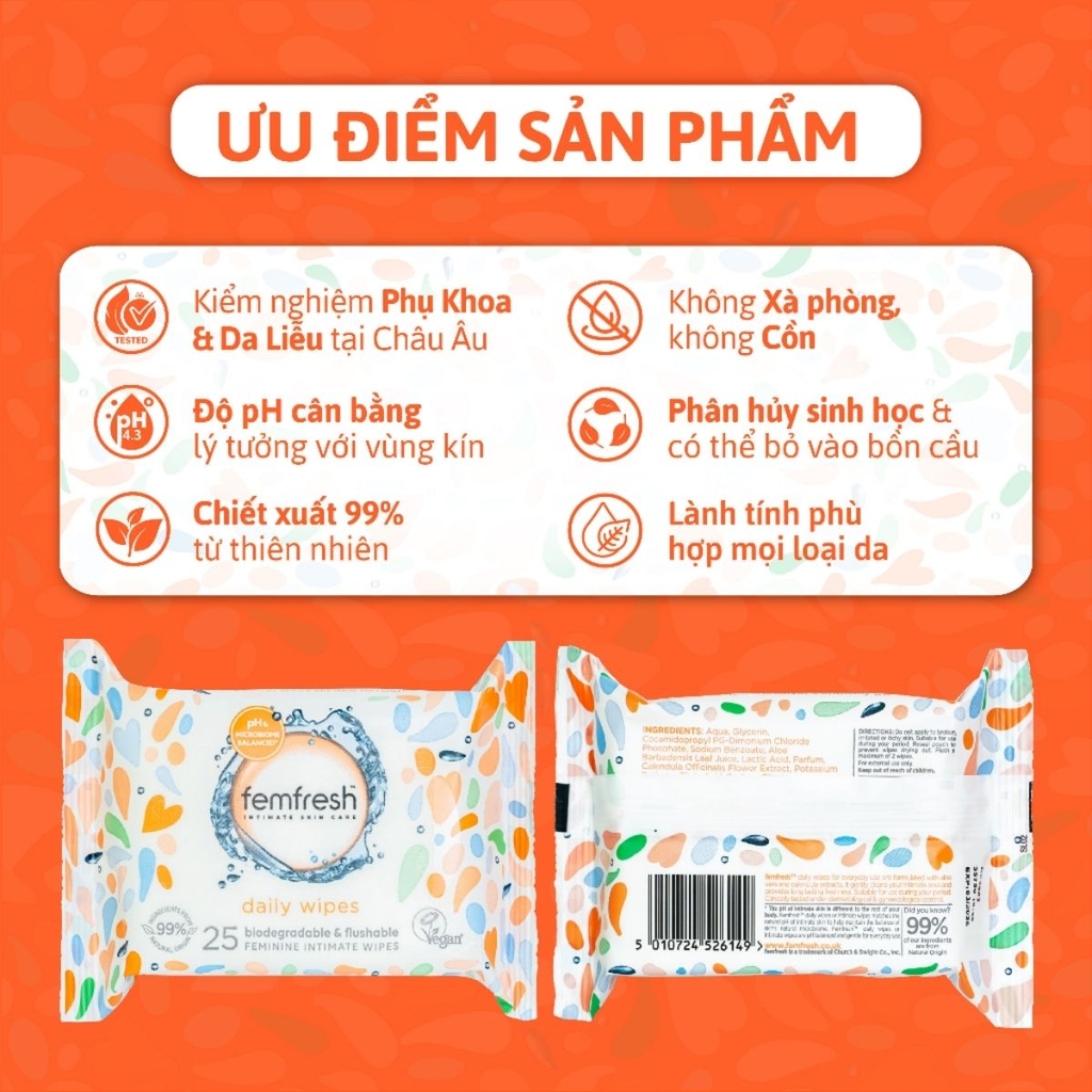 Khăn Ướt Vệ Sinh Vùng Kín Femfresh Intimate Skincare Daily Wipes Cao Cấp Hằng Ngày