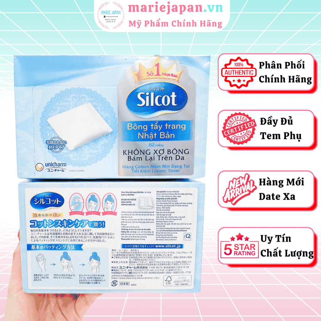 Bông Tẩy Trang Silcot Làm Sạch Nhẹ Nhàng Không Sơ Bông Unicharm Nhật Bản Hộp 82 Miếng