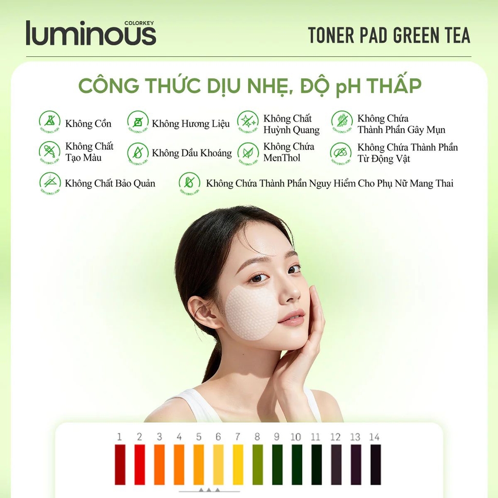 Toner Pad Colorkey Luminous Hỗ Trợ Cấp Ẩm Làm Dịu Dưỡng Sáng  Cho Da Dầu Mụn Green Tea Purifying Pad Hộp 60 Miếng-TẶNG 1 SAMPLE TONER PAD