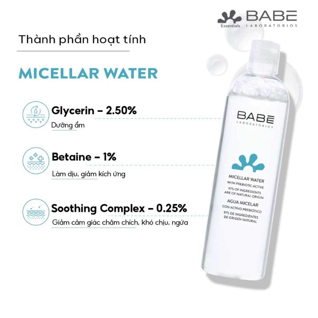 Nước Tẩy Trang BABE Essentials Prebiotic Micellar Water Làm Sạch Sâu Dịu Nhẹ Phù Hợp Mọi Loại Da 250ml