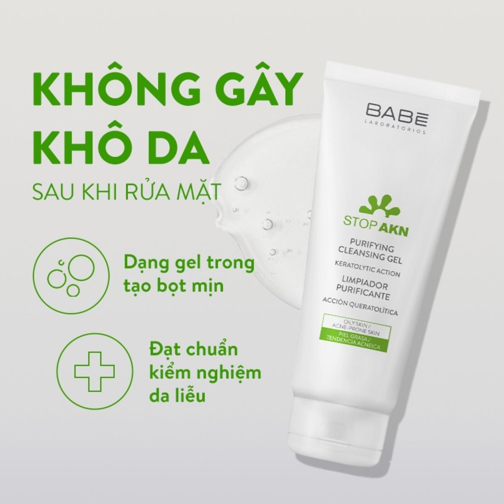 Sữa Rửa Mặt Babe Stop AKN Purifying Cleansing Gel Sạch Sâu Dịu Nhẹ Giảm Mụn Tây Ban Nha