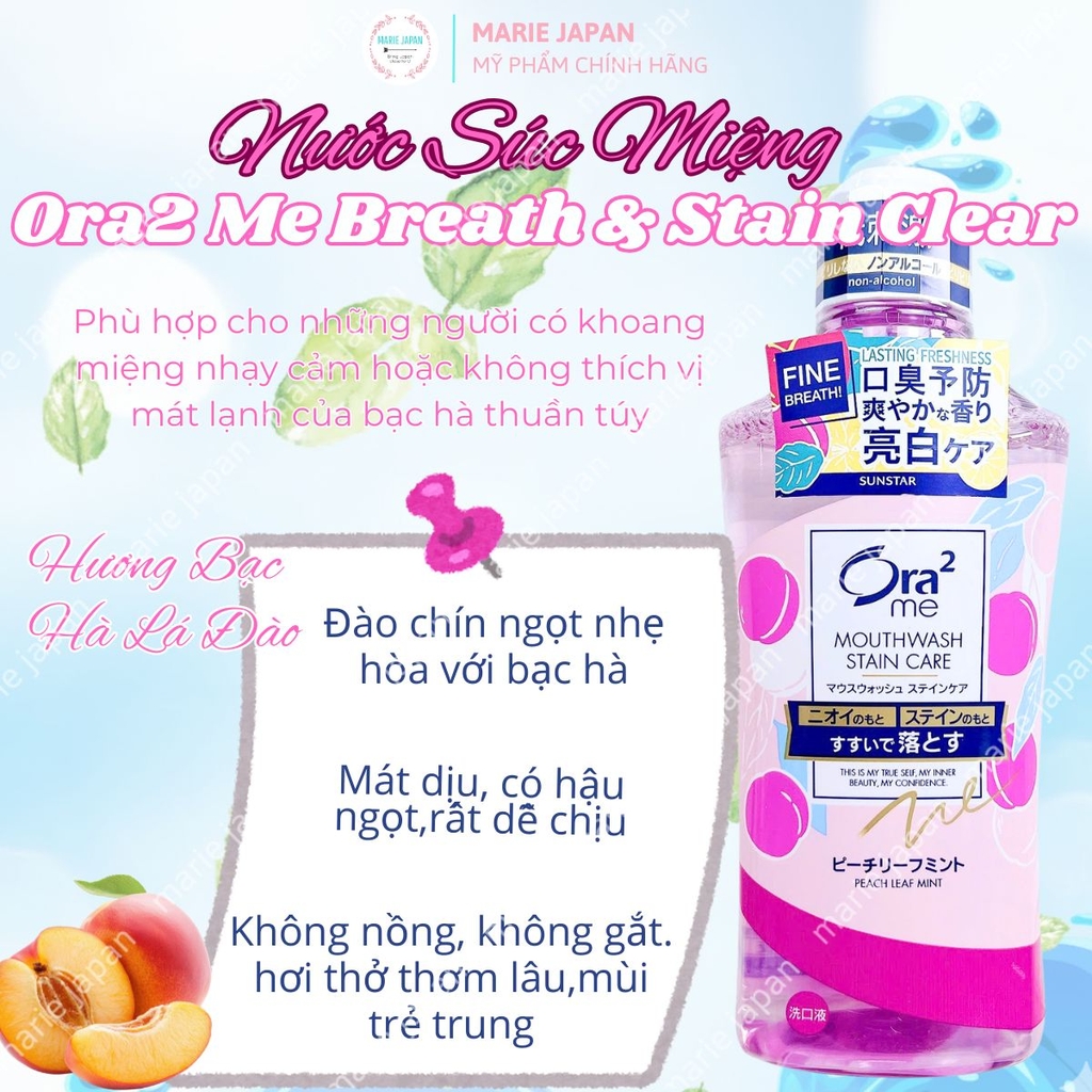 Nước Súc Miệng Ora2 Me Breath & Stain Clear Sạch Khoang Miệng Hơi  Thở Thơm Mát Nhật Bản Chai 460ml