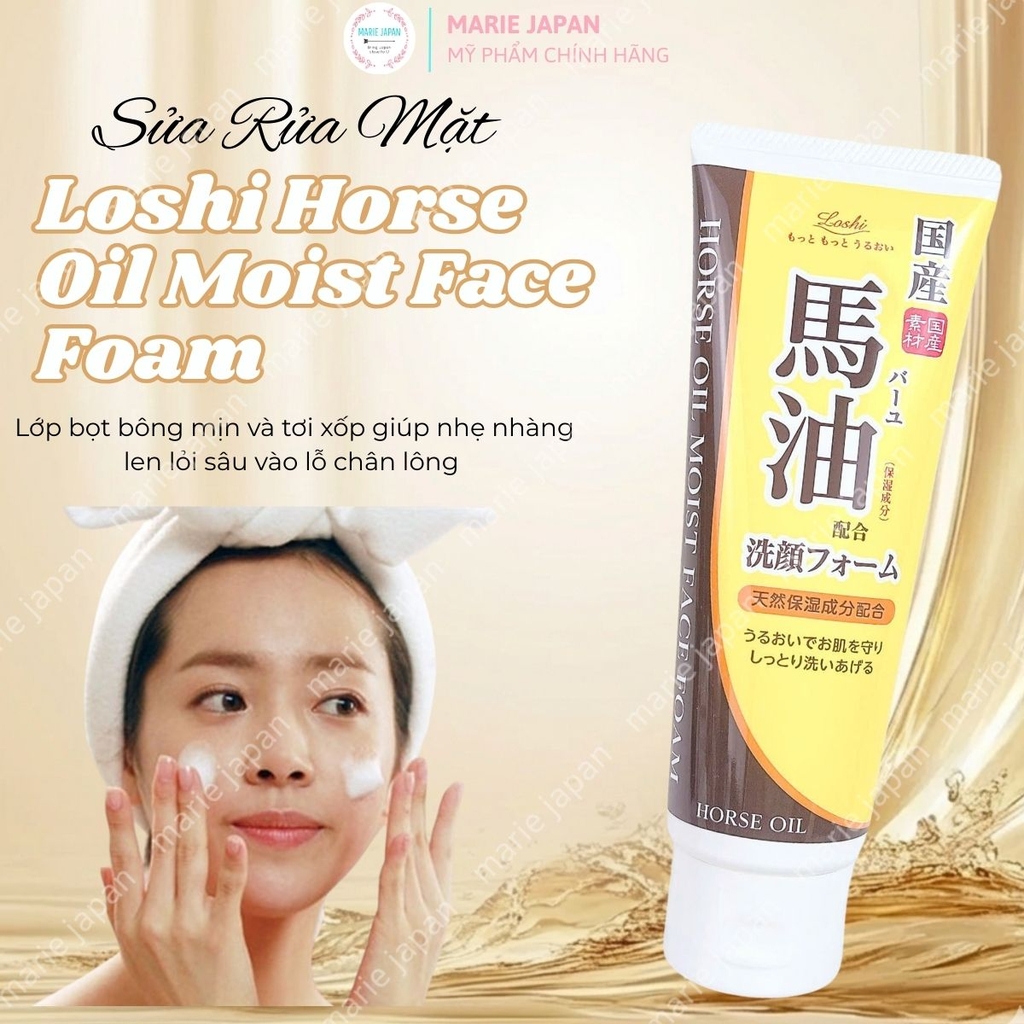 Sữa Rửa Mặt Dầu Ngựa Loshi Sạch Sâu Dưỡng Ẩm Mịn Da Horse Oil Moist Face Foam Nhật Bản Tuýp 130g