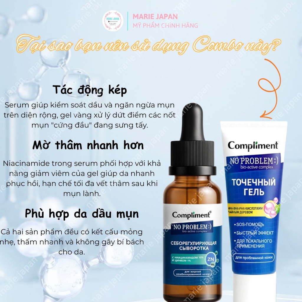 Combo 2 Món 1 Gel Chấm Mụn Compliment AHA-BHA-PHA 25ml + 1 Serum Compliment NIACINAMIDE+ZINC 27ml Xẹp Mụn Mờ Thâm