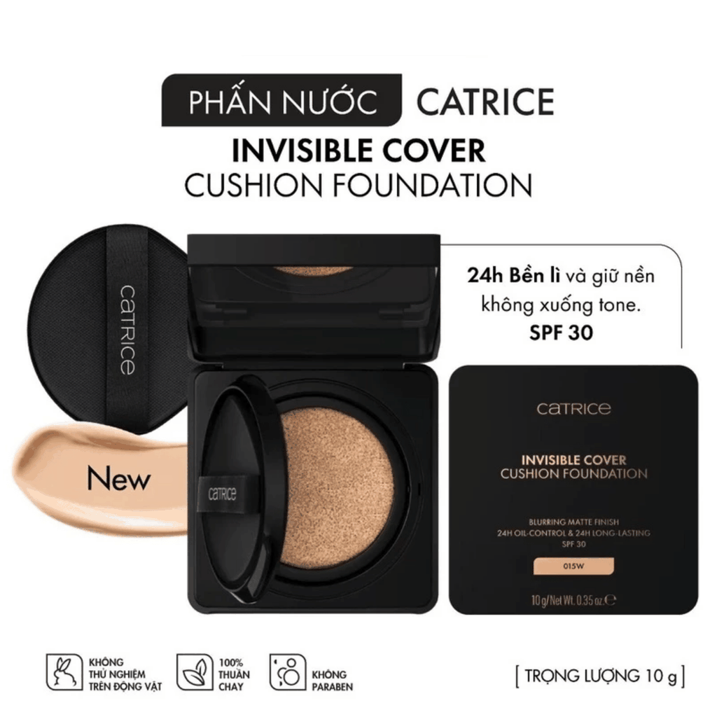 Phấn Nước Catrice Giữu Nền Bền Lì 24h, Dành Cho Mọi Loại Da Invisible Cover Cushion Foundation Hộp 10g