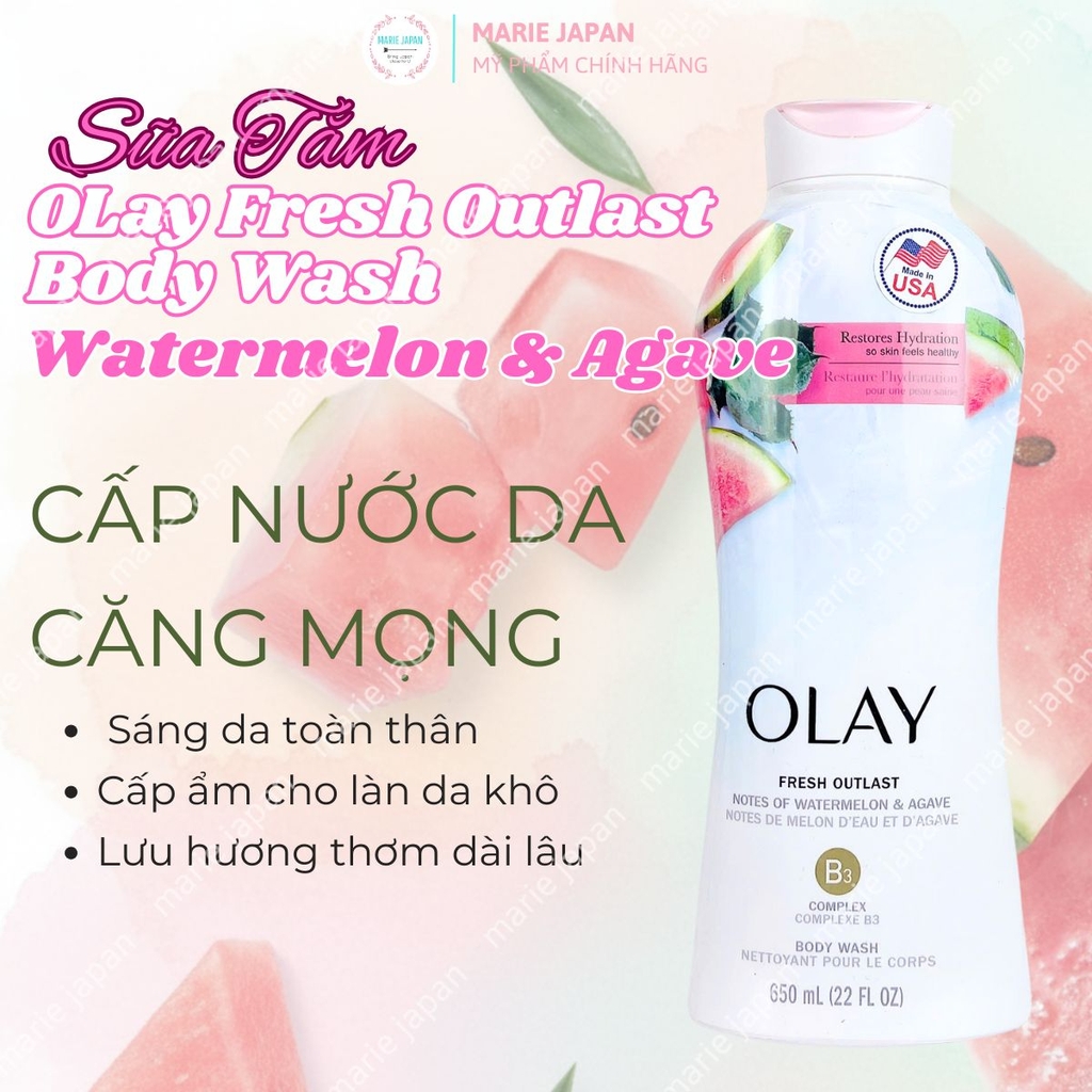 Sữa Tắm Olay Fresh Outlast Body Wash Hương Dưa Hấu Tươi Mát Dưỡng Ẩm Mịn Da Mỹ Chai 650ml