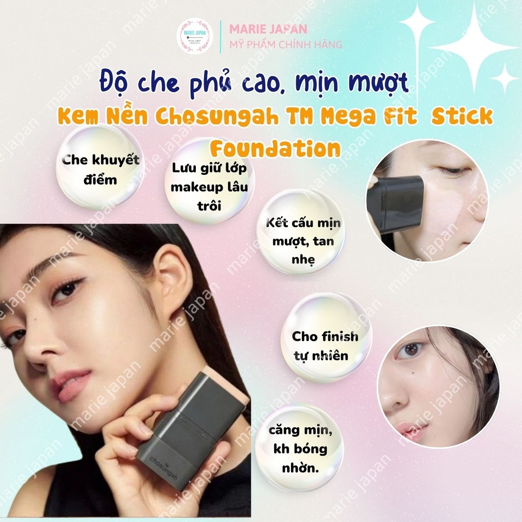 Kem Nền Chosungah TM Mega Fit Stick Foundation SPF50+ PA++++ Che Phủ Cao Dưỡng Ẩm Mịn Màng Hàn Quốc Thỏi 16g