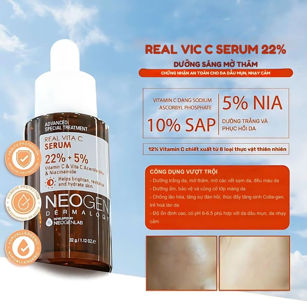 Serum Neogen Dermalogy Vitamin C 22% Sap + 5% Niacinamide Real Vita C Sáng Da Mờ Thâm Hàn Quốc 32ml
