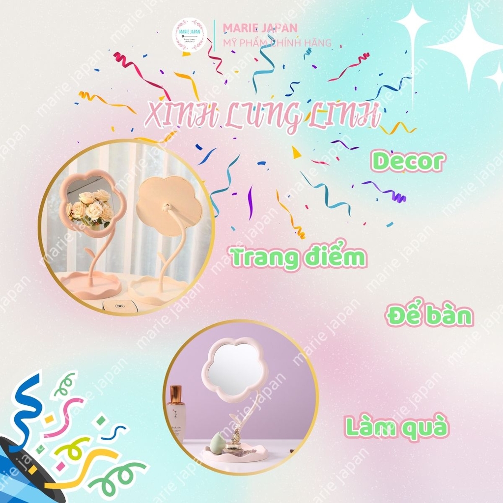 Gương Tròn Decor Hình Hoa Đáng Yêu Trang Điểm Để Bàn Xinh Xắn Có Khay Đựng Nhỏ Gọn
