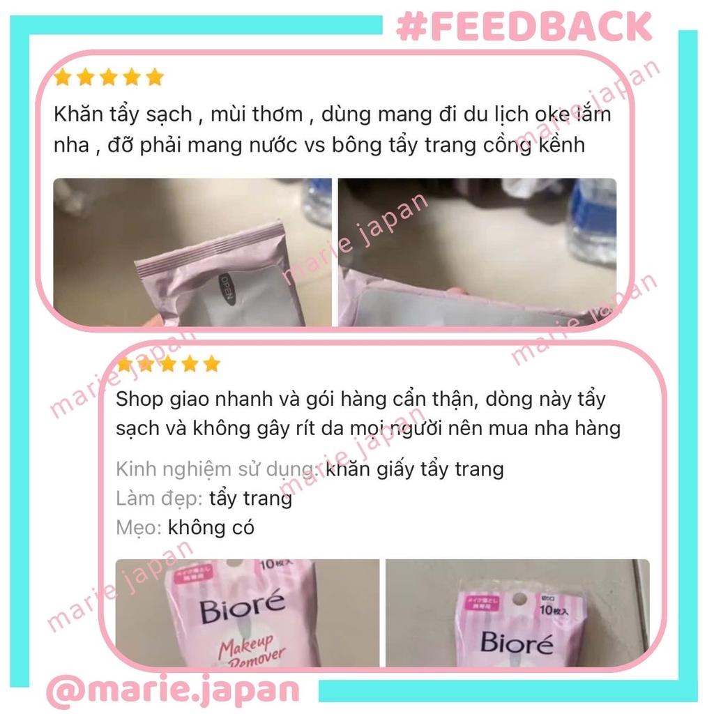 Khăn Tẩy Trang Biore Dưỡng Ẩm Sạch Da Makeup Remove Cleansing  Nhật Bản Túi 10 Miếng