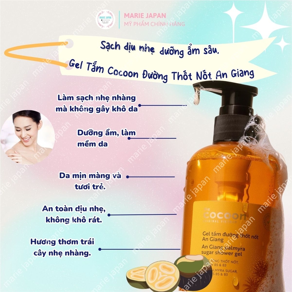 Gel Tắm Đường Thốt Nốt An Giang Cocoon Làm Sạch Dịu Nhẹ Dưỡng Ẩm Mềm Da Chai 500ml