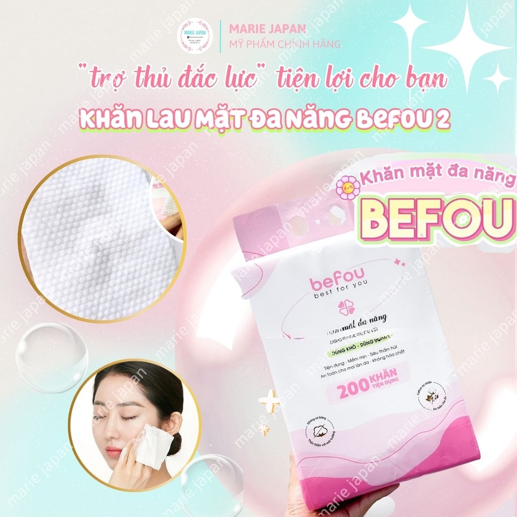 Khăn Lau Mặt Đa Năng Befou Không Xơ Bông Mềm Mịn Tiện Lợi Thân Thiện Với Da Túi 200 Khăn