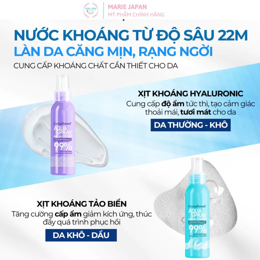 Xịt khoáng Compliment Aqua Spray 99% Cấp Ẩm Làm Mát Dịu Da 200ml