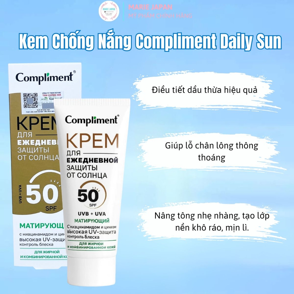 Kem Chống Nắng Compliment Daily Sun Dưỡng Ẩm Nâng Tone Kiềm Dâu Tone Up SPF50+ PA++++ Nga 50ml