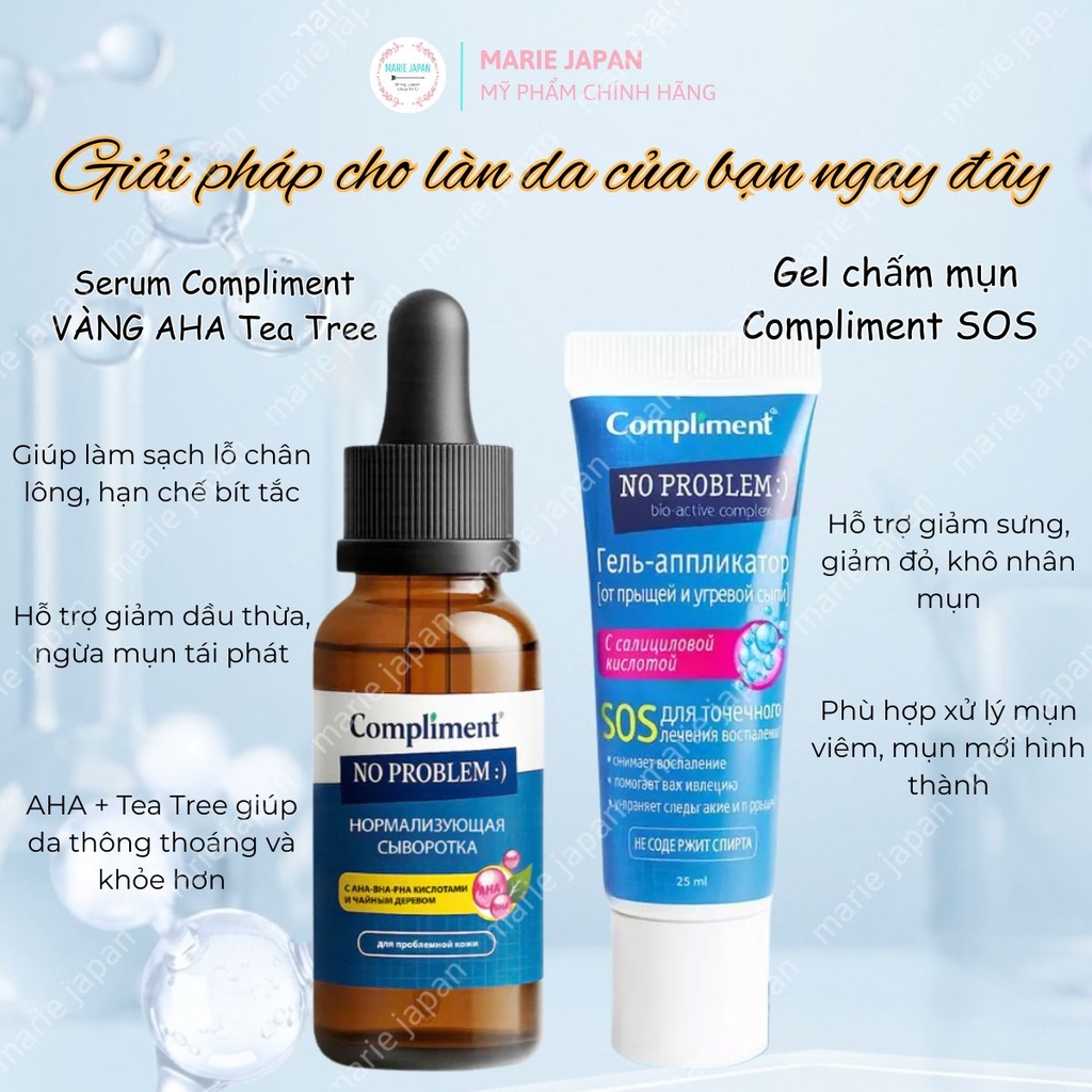 Combo 2 Món 1 Gel Chấm Mụn Compliment Đỏ SOS 25ml + 1 Serum Compliment Vàng- AHA TEATREE  27ml Giảm Mụn Mờ Thâm Nga