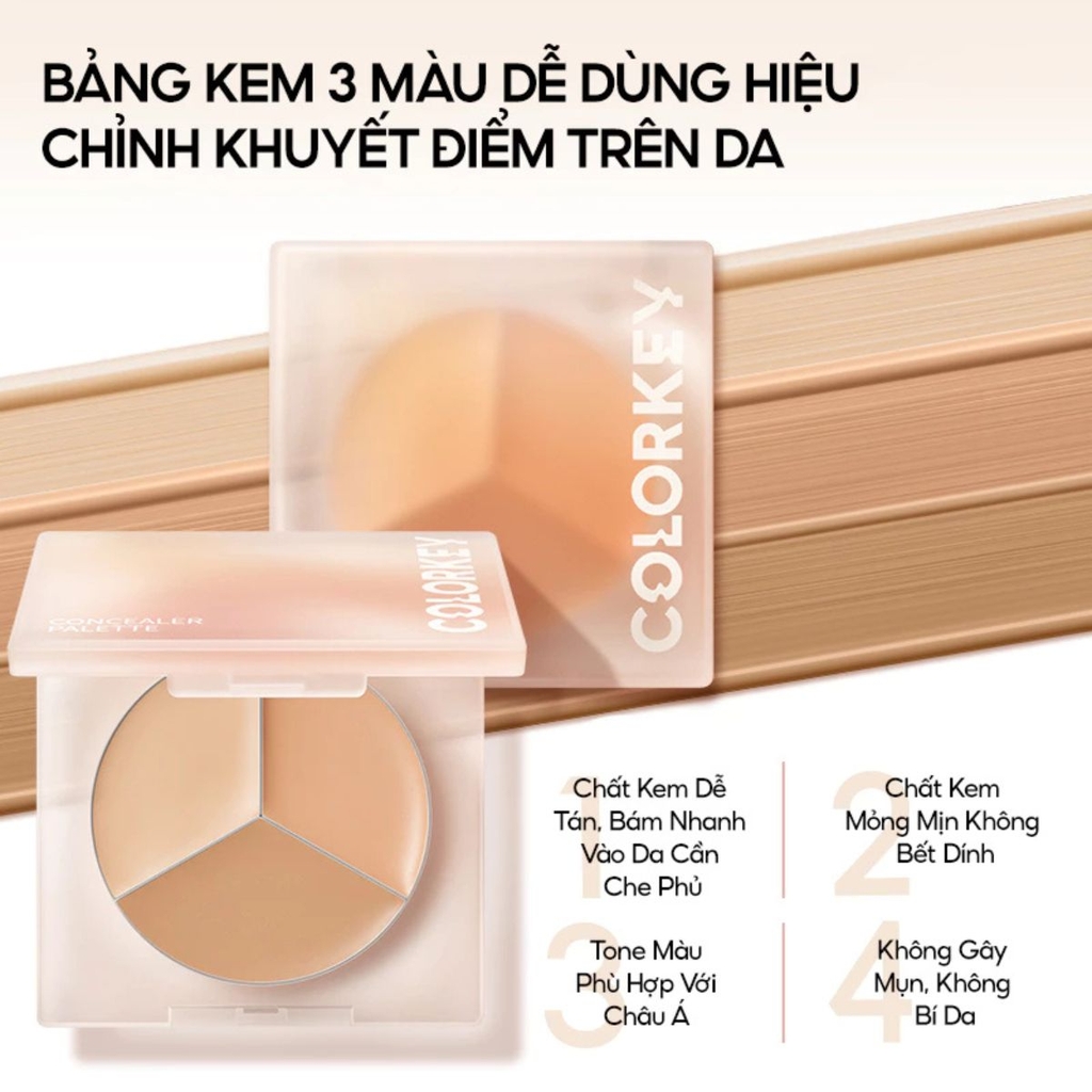 Bảng Kem Che Khuyết Điểm COLORKEY 3 Màu Mỏng Mịn Tự Nhiên Lâu Trôi Concealer Palette 3.9g