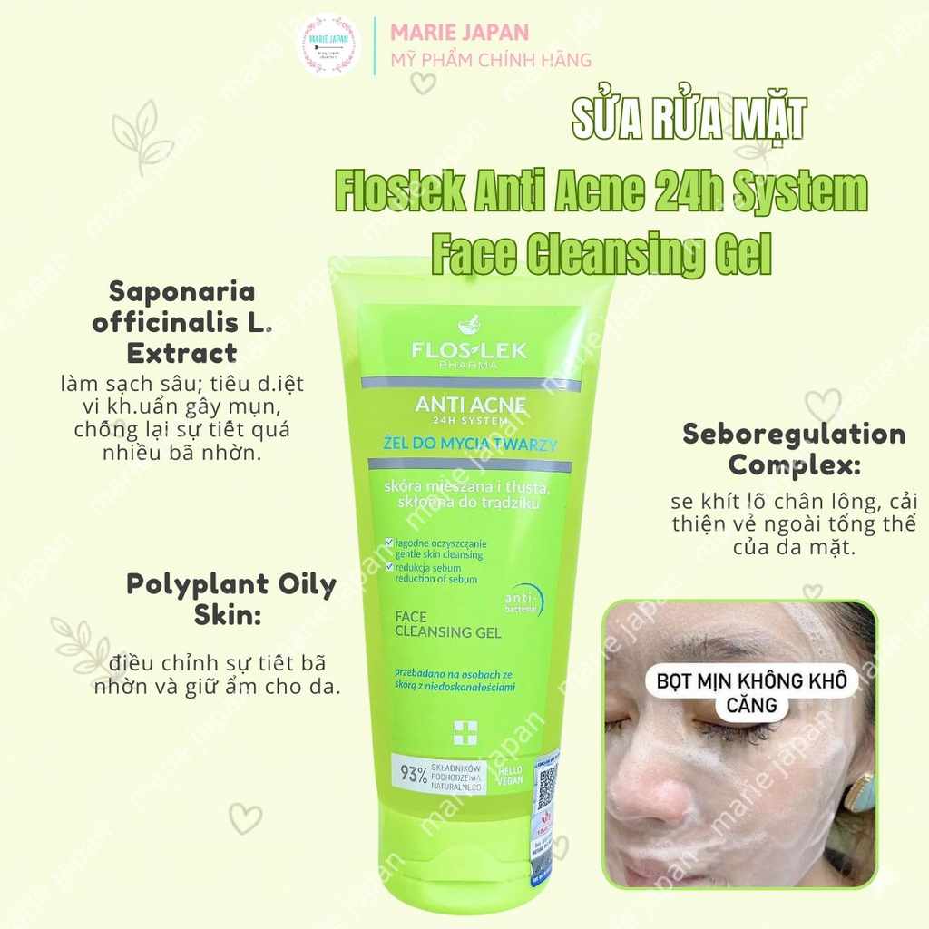 Sữa Rửa Mặt Floslek Giảm Dầu Mụn Dịu Nhẹ Thông Thoáng Da Anti Acne 24h System Face Cleansing Gel Ba Lan