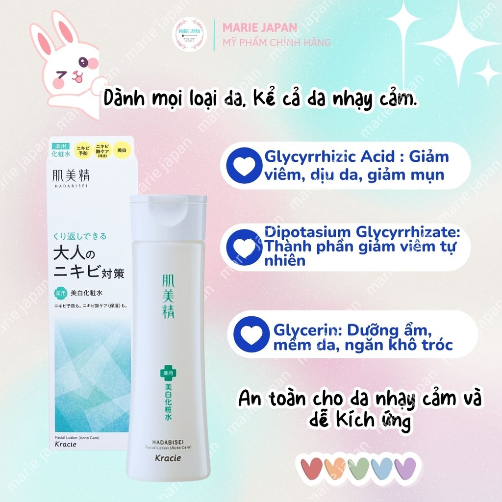 Toner Kracie Hadabisei Facial Lotion Acne Care Dưỡng Ẩm Giảm Mụn Dịu Da Nhật Bản Chai 200ml