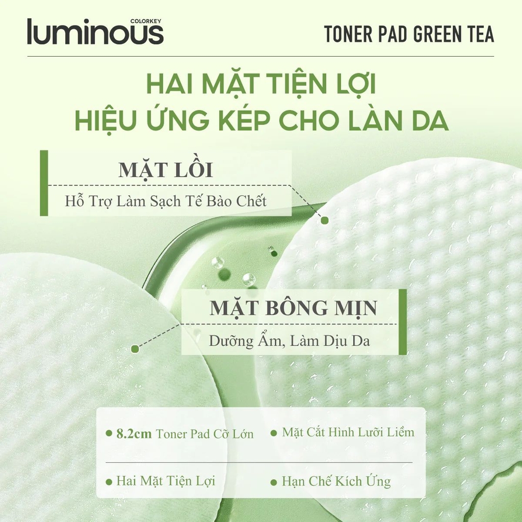 Toner Pad Colorkey Luminous Hỗ Trợ Cấp Ẩm Làm Dịu Dưỡng Sáng  Cho Da Dầu Mụn Green Tea Purifying Pad Hộp 60 Miếng-TẶNG 1 SAMPLE TONER PAD