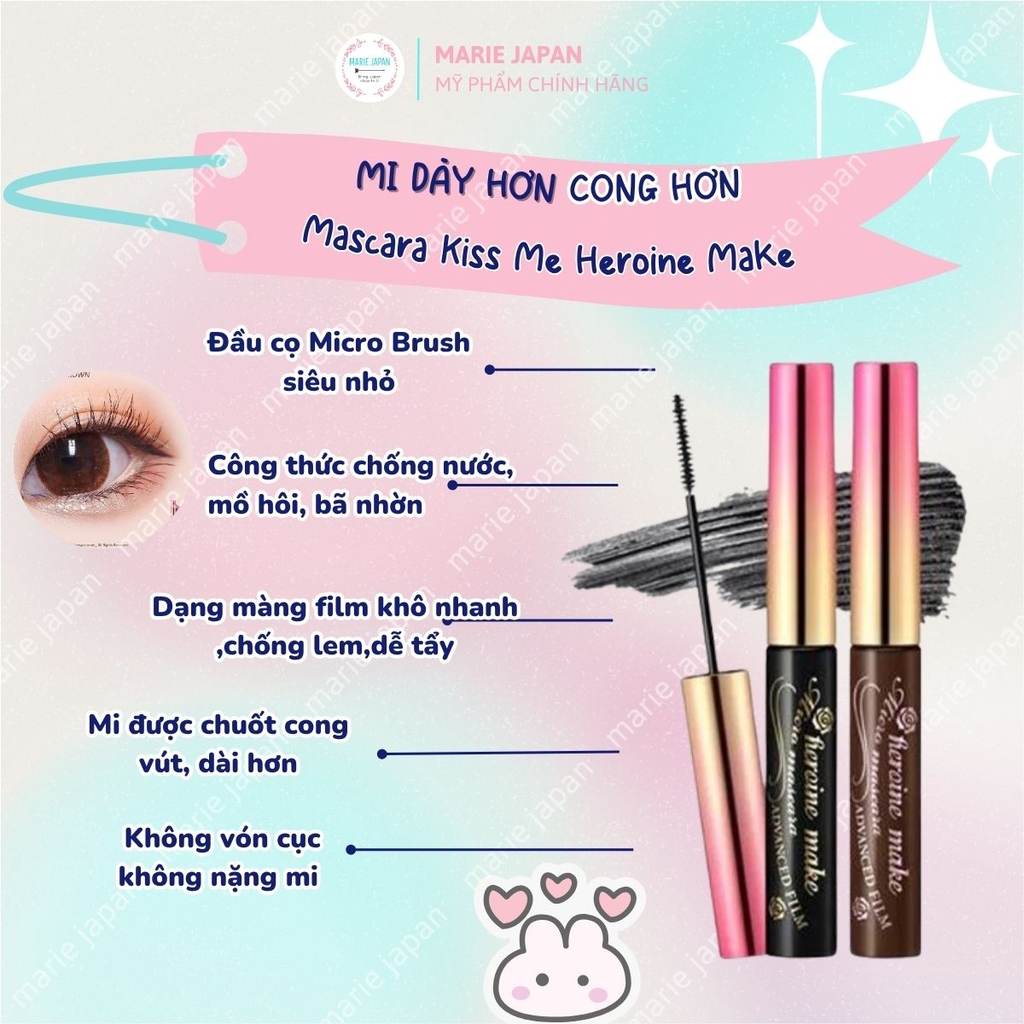 Mascara Kiss Me Heroine Make Dạng Màng Film Micro Brush Chống Trôi Siêu Bền Dày Cong Mi Tự Nhiên Nhật Bản