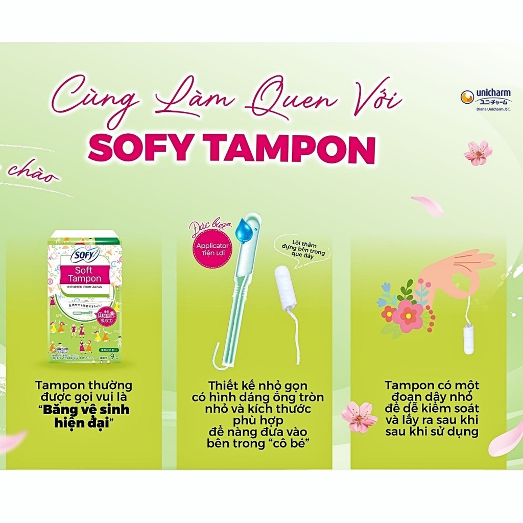 Băng Vệ Sinh Unicharm Sofy Soft Tampon Siêu Thấm Khô Thoáng Nhật Bản Hộp 9 Ống