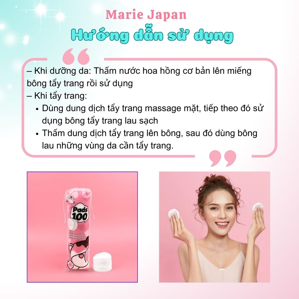 Bông Tẩy Trang Gấu Hồng Hatsu Pads Dày Mịn Dập Viền Không Xơ Bông Cao Cấp Túi 150 Miếng