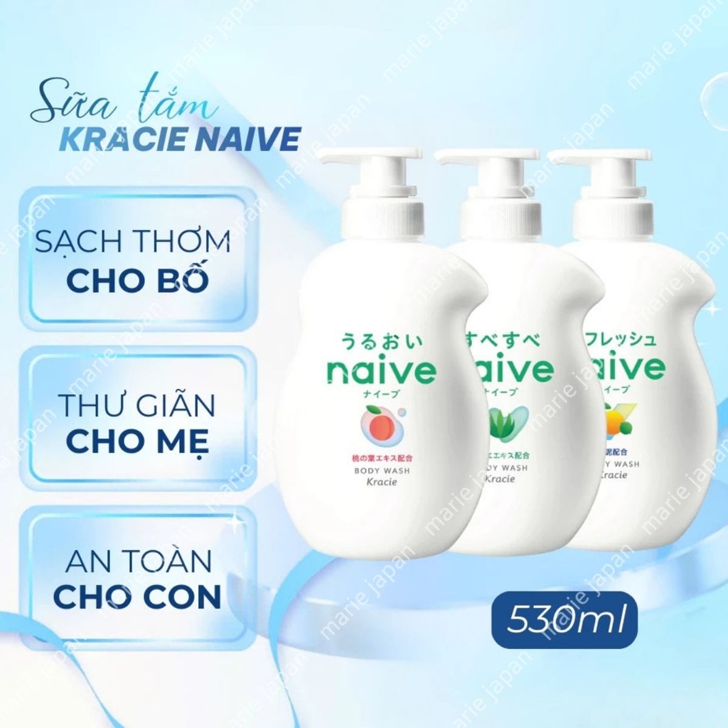 Sữa Tắm Kracie Naive Body Wash  Sạch Dịu Nhẹ Dưỡng Ẩm Mịn Màng  Nhật Bản 530ml