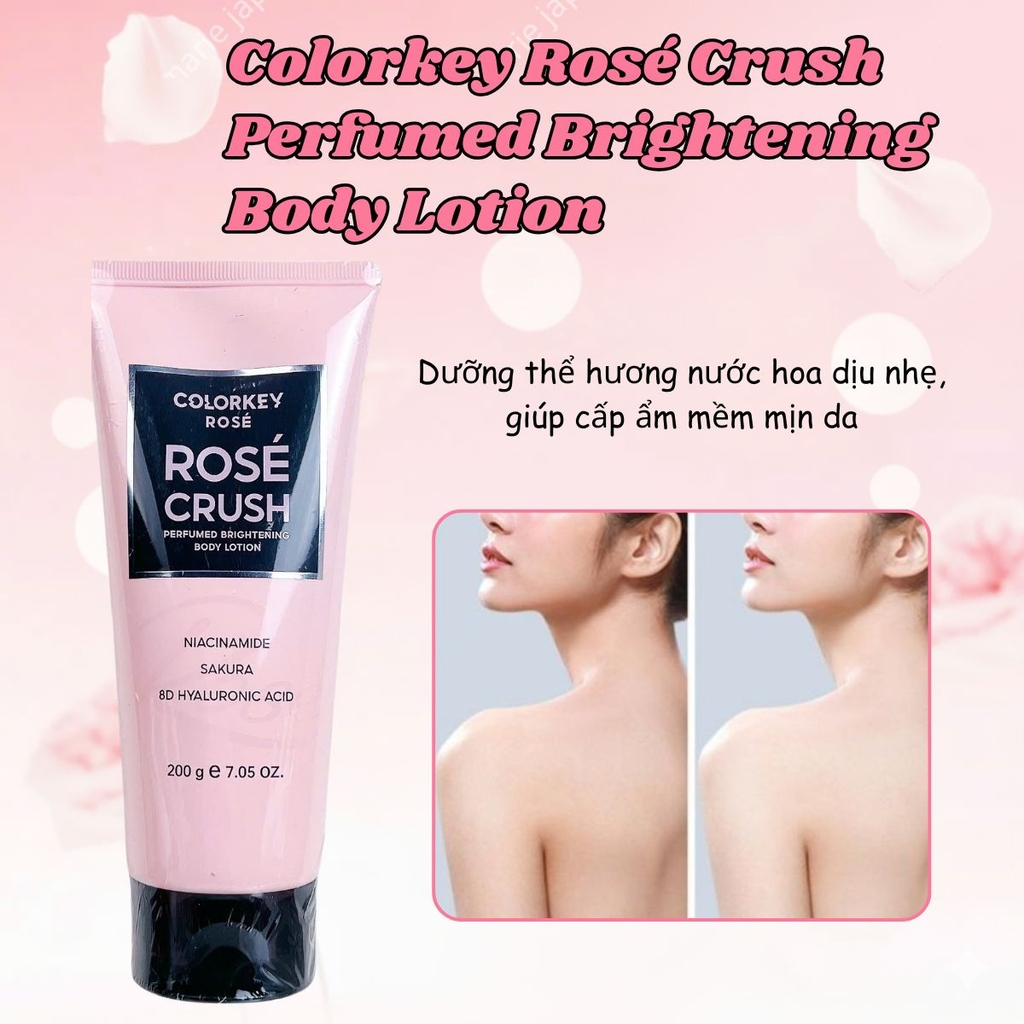 Dưỡng Thể Colorkey Rosé Crush Dưỡng Ẩm Sáng Da Mềm Mịn Ngọt Ngào Perfumed Brightening Body Lotion Tuýp 200g - TẶNG 1 SET 2 SAMPLE GEL TẮM ROSE CRUSH