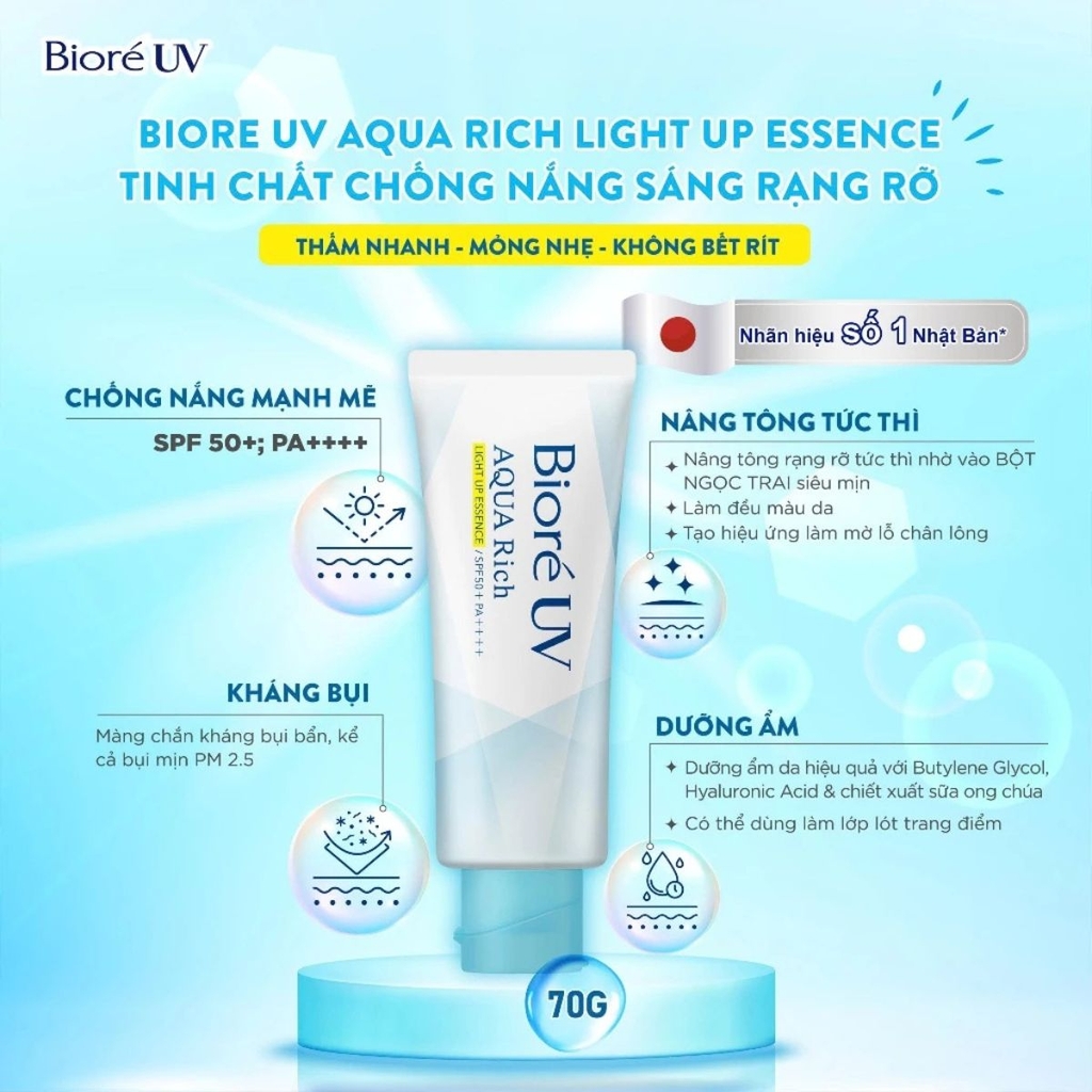 Kem Chống Nắng Nâng Tông, Cải Thiện Da Xỉn Màu Biore UV Aqua Rich Light Up Essence SPF50+ /PA++++ - Tuýp 70g