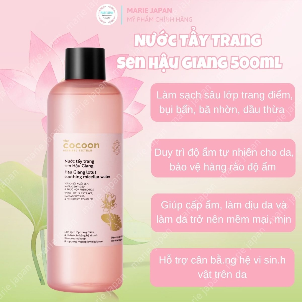 Nước Tẩy Trang Sen Hậu Giang Cocoon Sạch Bụi  Bẩn Siêu Mịn Dịu Êm Cho Da Rất Nhạy Cảm 500ml