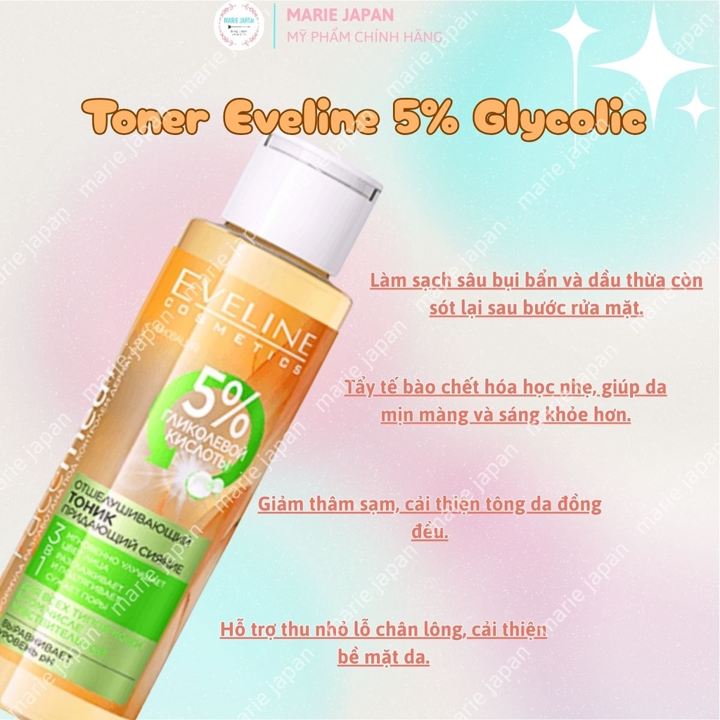 Toner Eveline 5% Glycolic Acid 3 In 1 Căng Bóng Sáng Da Mờ Thâm Sạm Ba Lan Chai 110ml