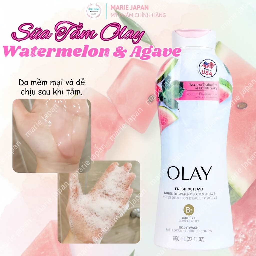 Sữa Tắm Olay Fresh Outlast Body Wash Hương Dưa Hấu Tươi Mát Dưỡng Ẩm Mịn Da Mỹ Chai 650ml