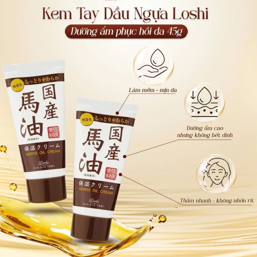 Kem Tay Loshi Horse Oil Cream Dưỡng Ẩm Phục Hồi Mềm Mịn Da Nhật Bản Tuýp 45g