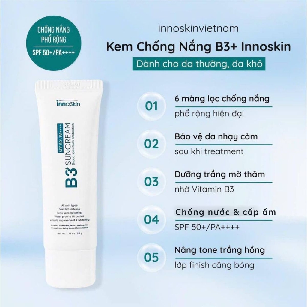 Kem Chống Nắng B3+ Innoskin Suncream SPF50+ PA++++ Dưỡng Sáng Mờ Thâm Kiềm Dầu Hàn Quốc 50g