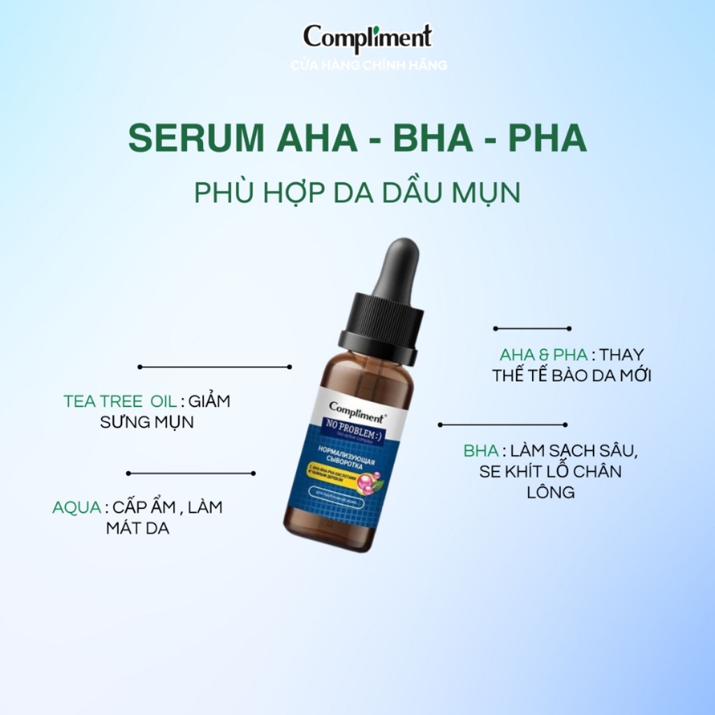 Serum Compliment No Problem AHA BHA PHA Giảm Mụn Mờ Thâm Da Dầu Mụn 27ml