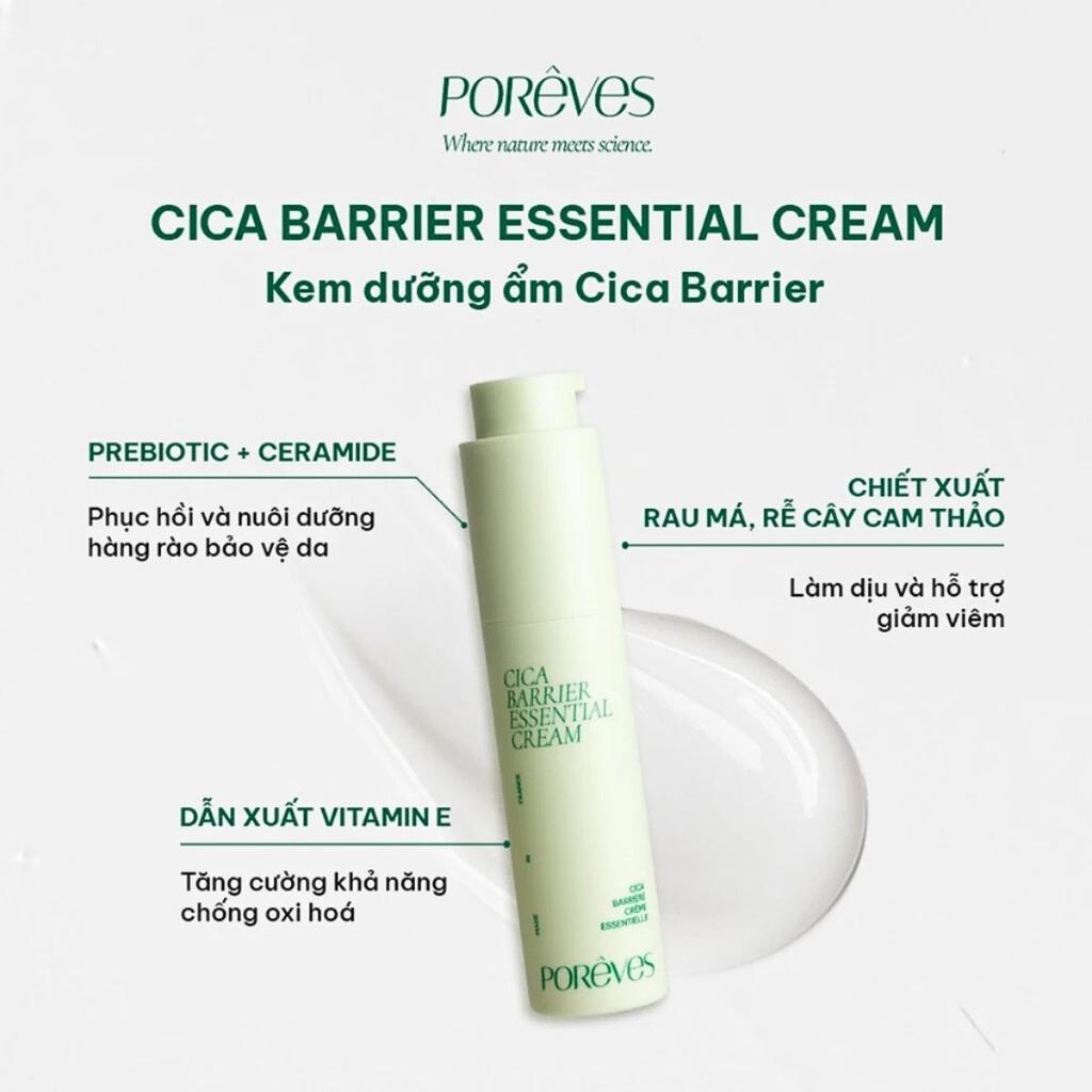 Kem Dưỡng Porêves Cica Barrier Essential Dưỡng Ẩm Phục Hồi Làm Dịu Da Chai 50ml