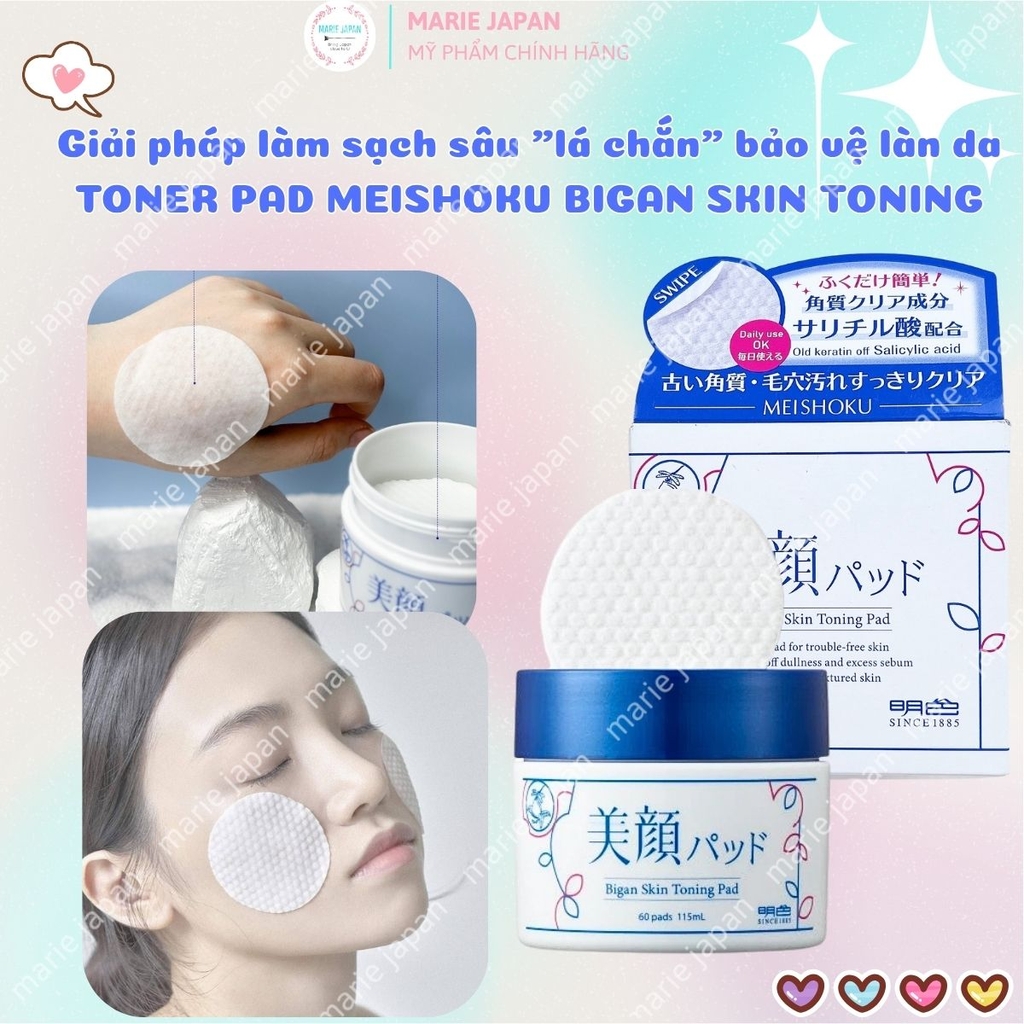 Toner Pad Meishoku Bigan Skin Toning Dịu Da Cân Bằng Dầu Nhờn Hỗ Trợ Ngăn Ngừa Mụn Nhật Bản Hộp 60 Miếng