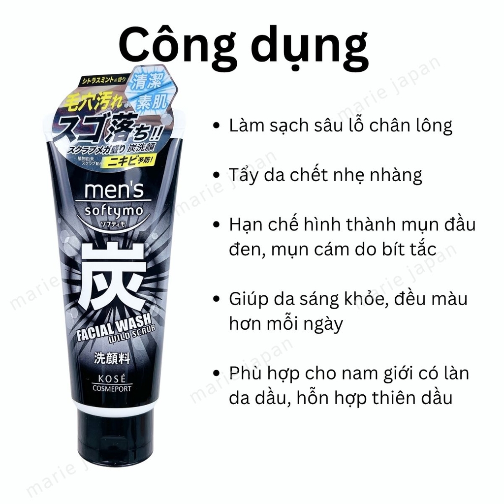 Sữa Rửa Mặt Than Hoạt Tính Kose Men’s Softymo Wild Scrub Sạch Sâu Dưỡng Trắng Kiểm Soát Nhờn Cho Nam Nhật Bản Tuýp 130g