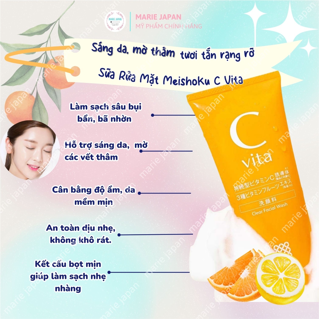 Sữa Rửa Mặt Meishoku C Vita Clear Facial Wash Dưỡng Trắng Sáng Da Ngừa Thâm Mụn Nhật Bản