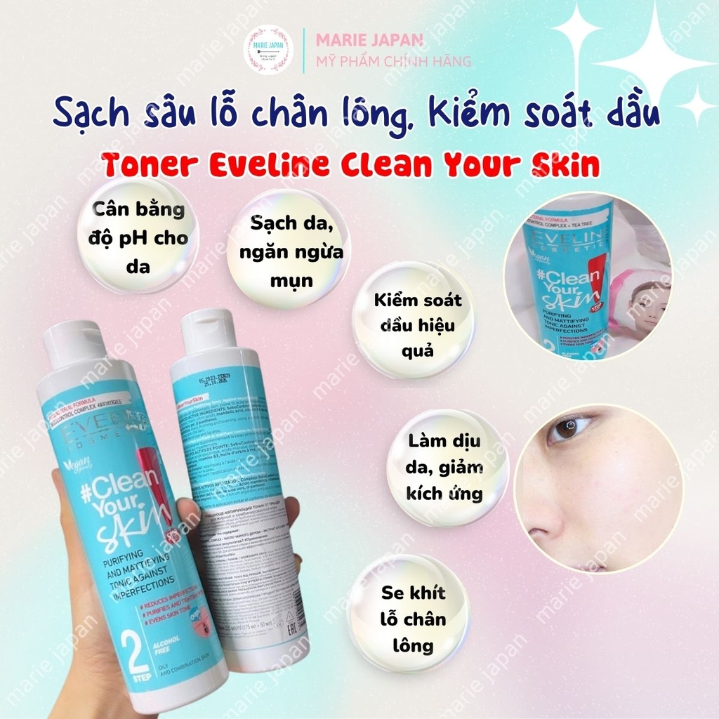 Nước Hoa Hồng Eveline Clean Your Skin Sạch Sâu Cân Bằng Da Ngăn Ngừa Mụn Hiệu Quả Ba Lan Chai 225ml