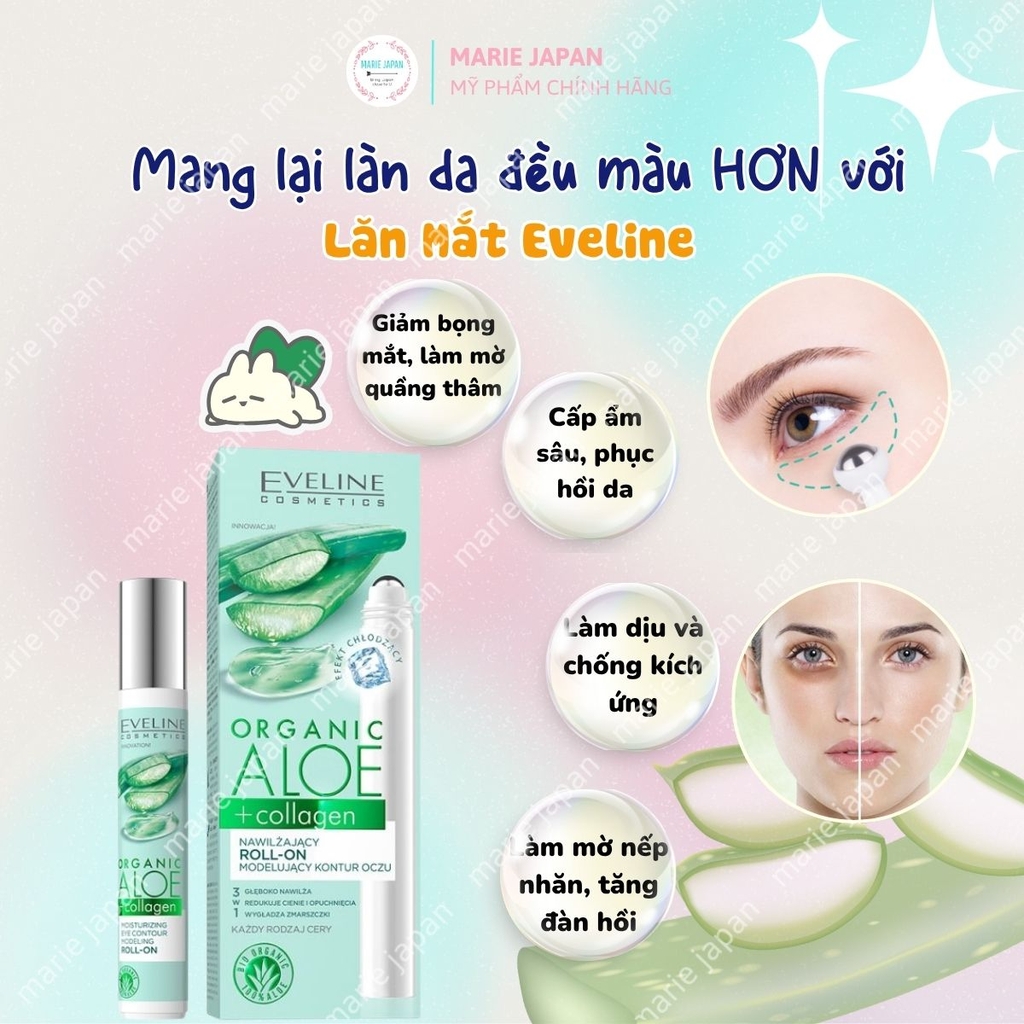 Lăn Mắt Eveline Organic Aloe + Collagen Cấp Ẩm Nâng Cơ Giảm Thâm Bọng Hiệu Quả Ba Lan 15ml