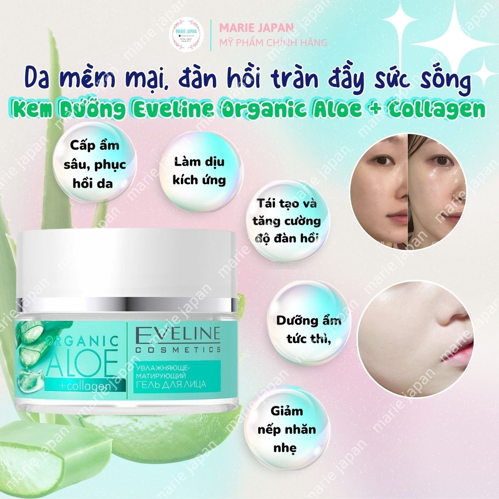 Gel Dưỡng Eveline Organic Aloe + Collagen 3in1 Cấp Ẩm Làm Dịu Phục Hồi Da Hư Tổn Hũ 50ml