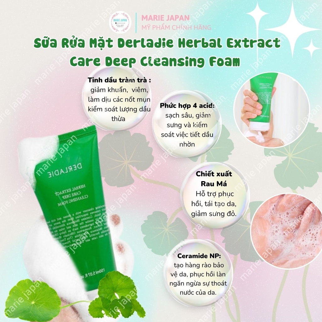 Sữa Rửa Mặt Tràm Trà Derladie Herbal Extract Care Deep Cleansing Foam Sạch Sâu Kiềm Dầu Dịu Da Hàn Quốc Tuýp 150ml