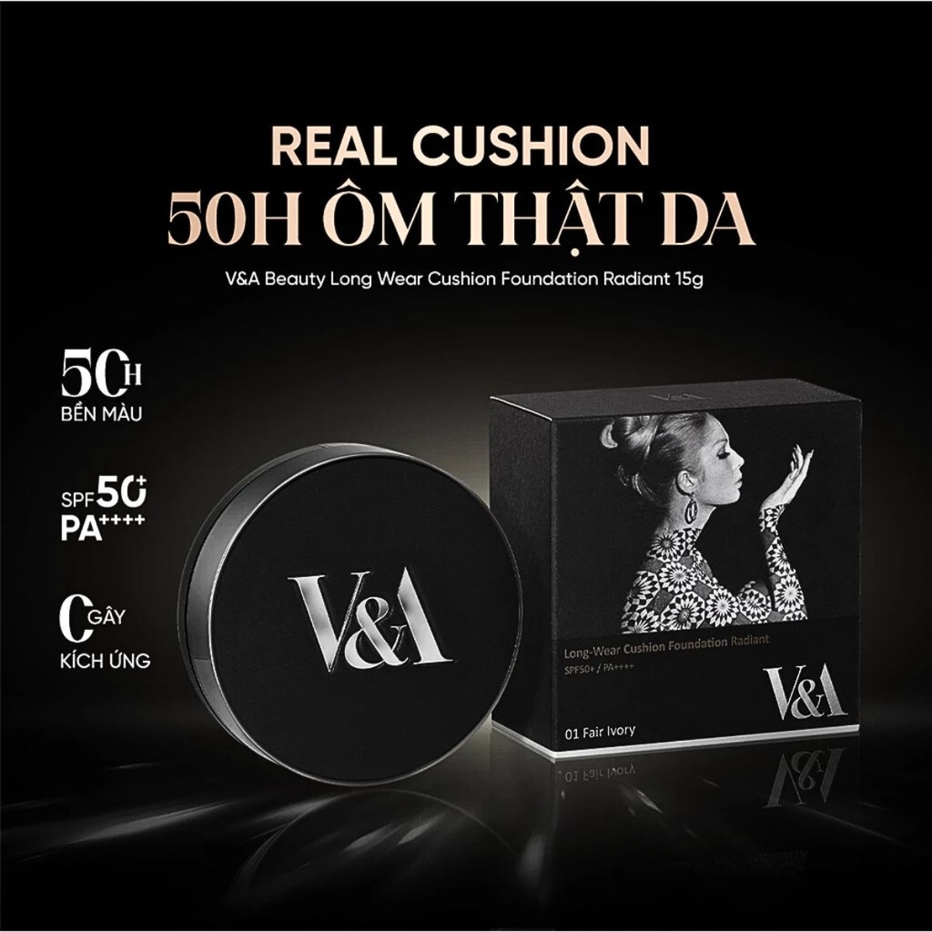 Cushion V&A Beauty Long Wear Foundation Che Khuyết Điểm Mịn Lì  Lâu Trôi Hàn Quốc Hộp 15g + Lõi Refill