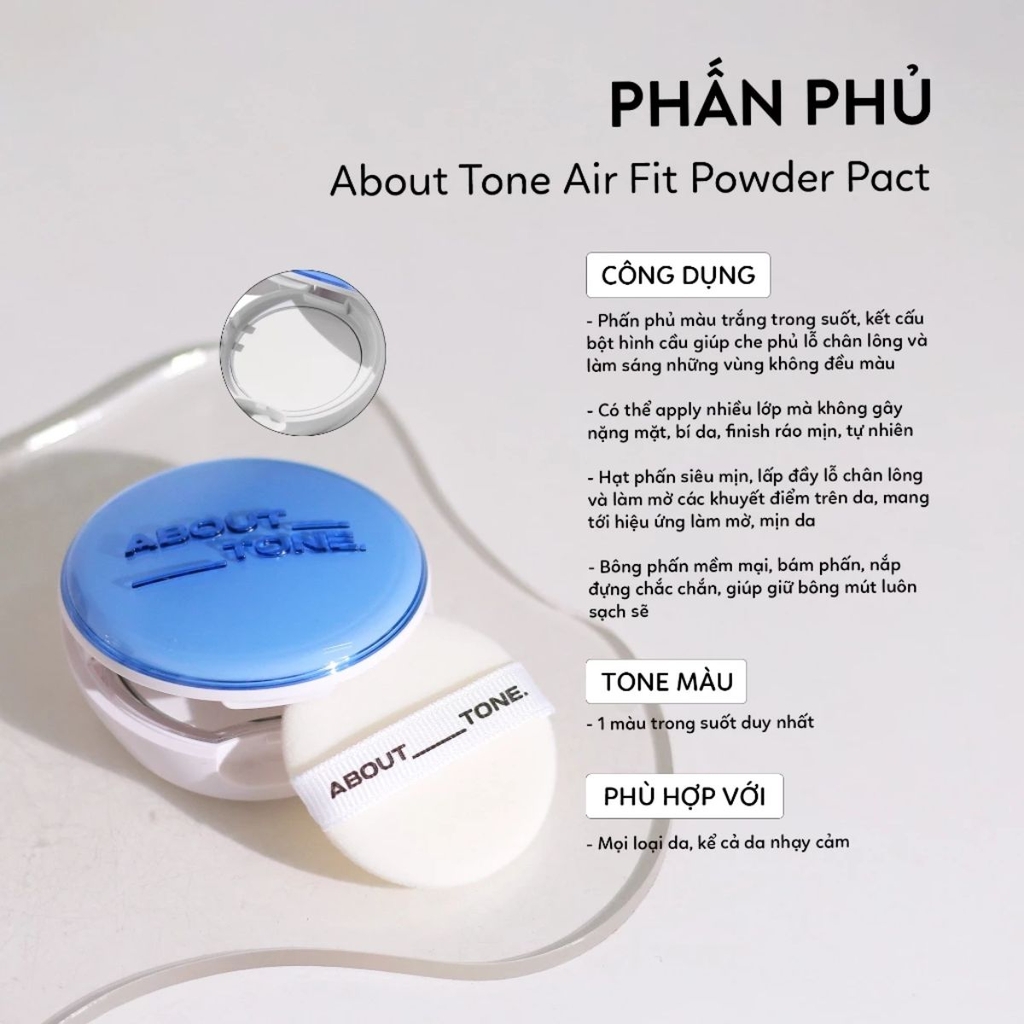 Phấn Phủ About Tone Powder Pact Dạng Nén  Nâng Tông Kiềm Dầu Siêu Lì Mịn Hàn Quốc Hộp 9g